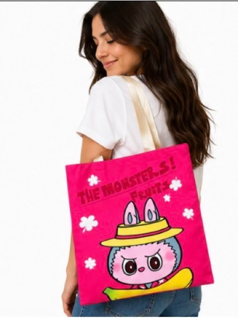 Cute Pink Cartoon Tote Bag with Yellow Accent13”x14” cotton